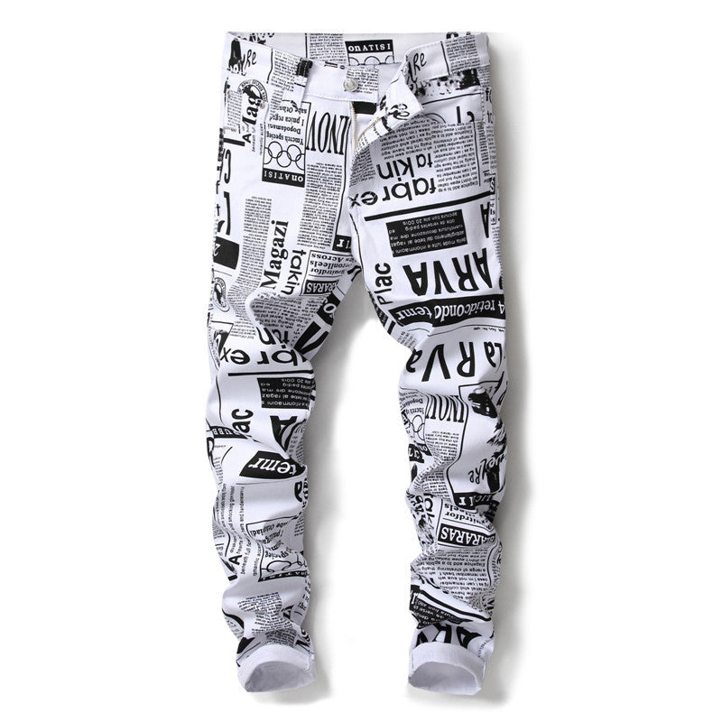 Men's thin white printed letters jeans