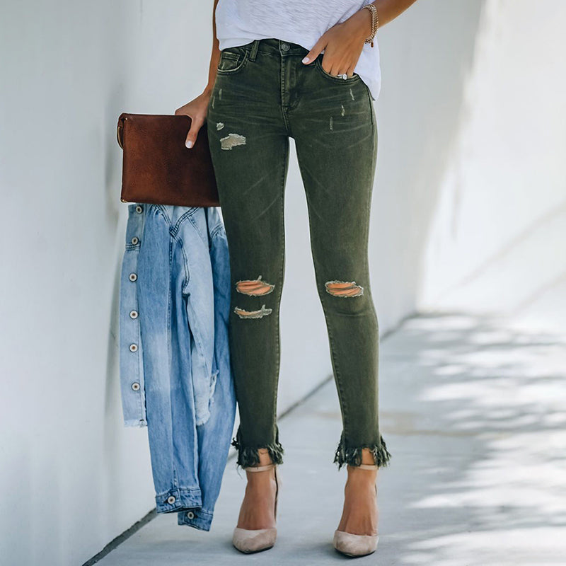 Women's New Dark Green Raw Design Ripped Jeans