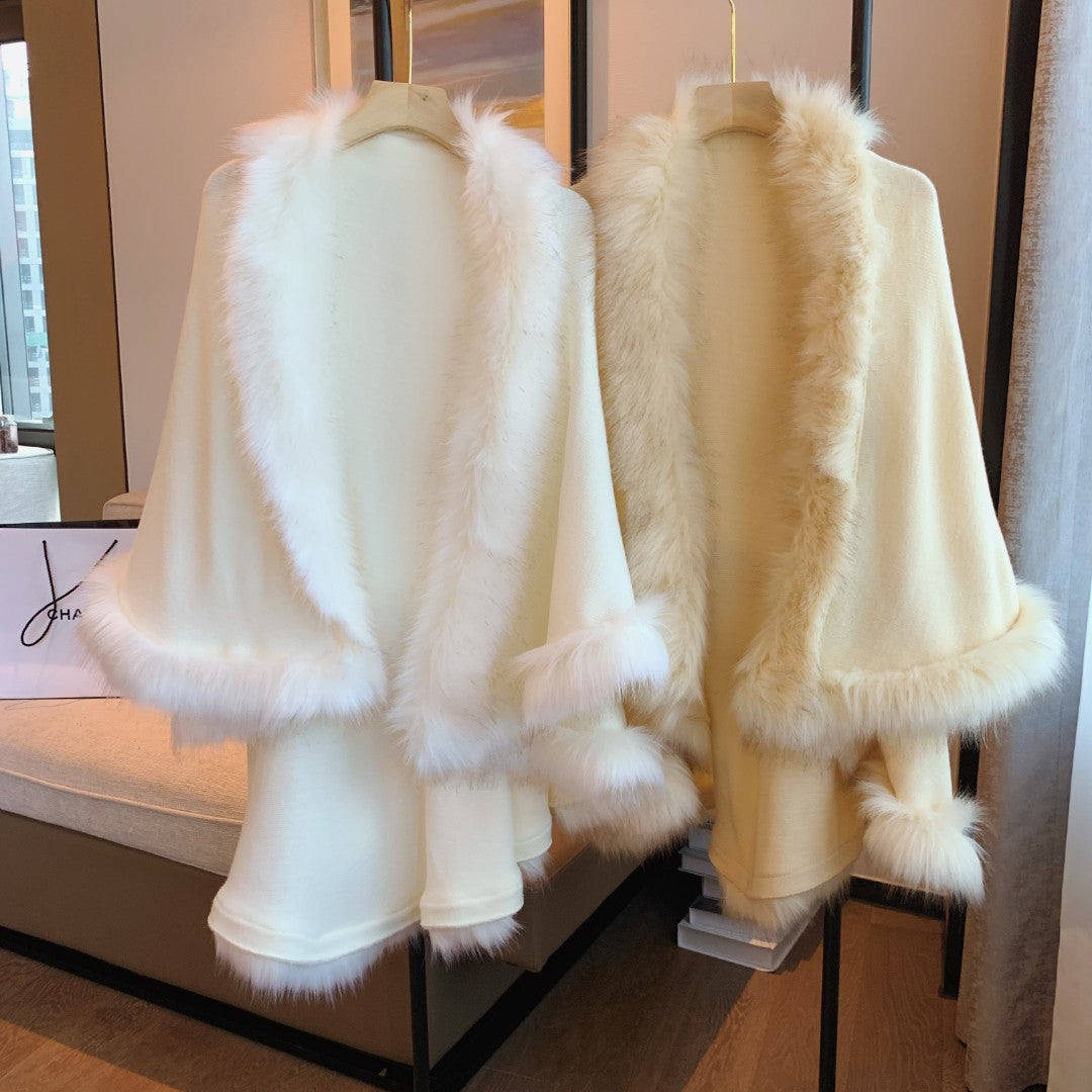 Fox Fur Big Fur Collar Knitted Cape Coat