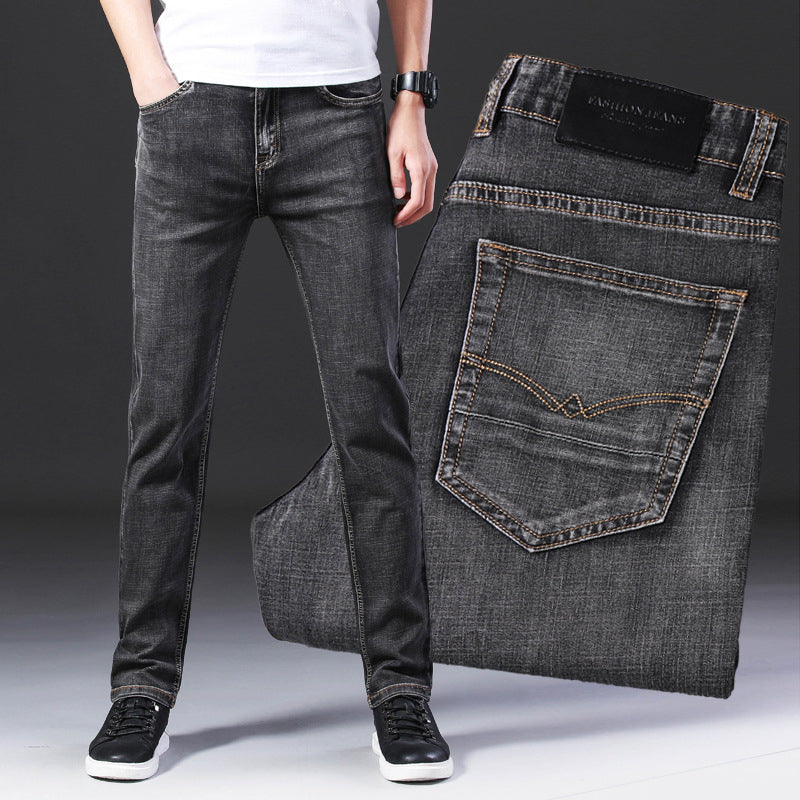 Pure Black High Stretch Jeans Men's Straight Multi-Pocket Anti-Theft Zipper