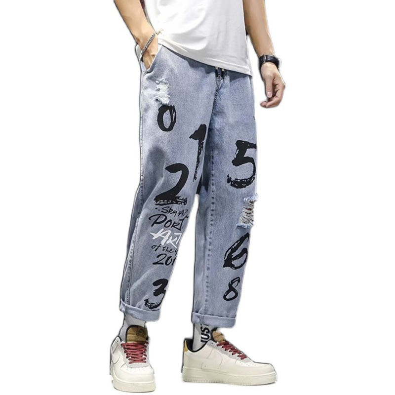 Ripped Washed Jeans Male Youth Popular Straight Loose Fat Pants Trend