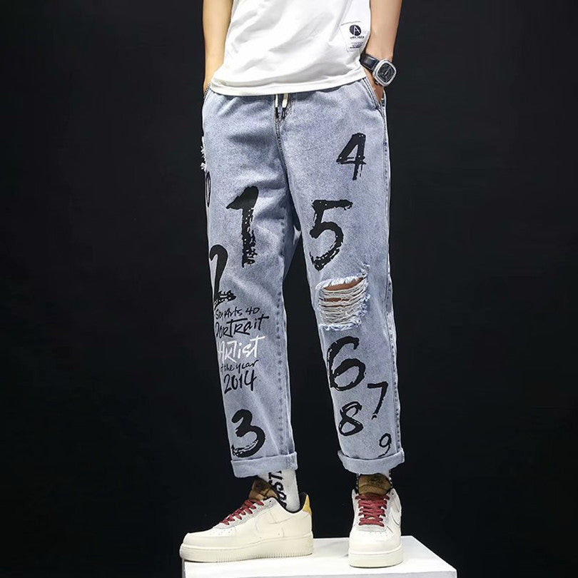 Ripped Washed Jeans Male Youth Popular Straight Loose Fat Pants Trend