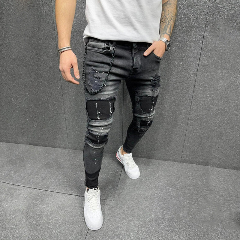 Men's New Patch Ripped Elastic Skinny Jeans