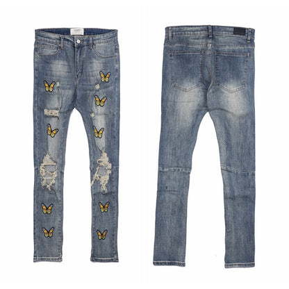 Fashion Butterfly Embroidered Distressed Distressed Slim Fit Jeans