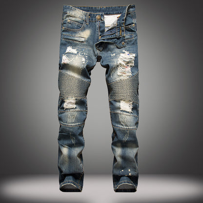 Ripped Motorcycle Slim-Fit Straight-Leg Plus Size Men's Jeans