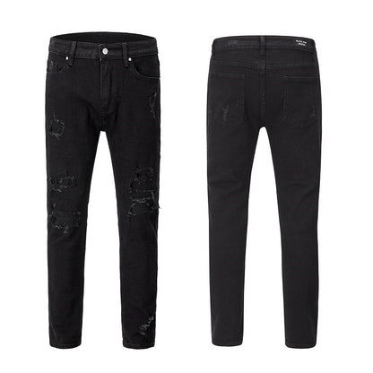 Black Ripped Stretch Jeans Slim Fit Casual Trousers