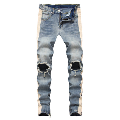 Fashionable Men's Retro White Striped Ripped Feet Jeans