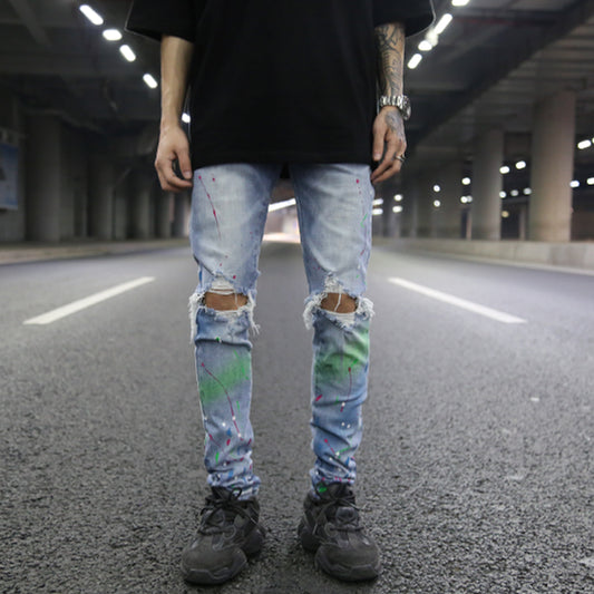 Colored Ink Graffiti Ripped Slim Stretch Jeans