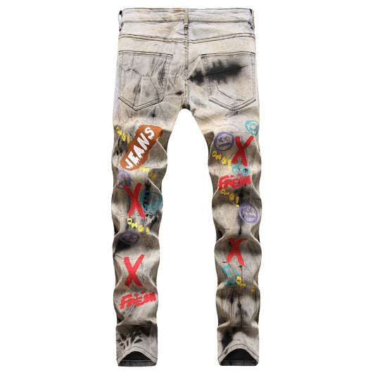 Men's Tie and Dye Letters 3D Printed Jeans Fashion Holes Ripped Stretch Denim Pants Slim Straight Trousers