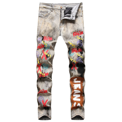 Men's Tie and Dye Letters 3D Printed Jeans Fashion Holes Ripped Stretch Denim Pants Slim Straight Trousers