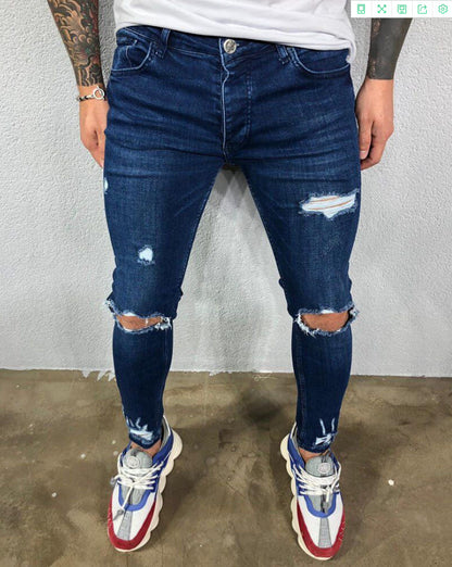 Men Jeans Black Blue Cool Skinny Knee Hole Ripped Stretch Slim Elastic Denim Pants Solid Color High Street Style Trousers Man