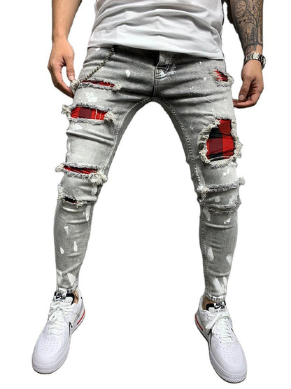 Ripped Patch Fashion Slim-fit Point Paint Stretch Small Feet Men's Jeans