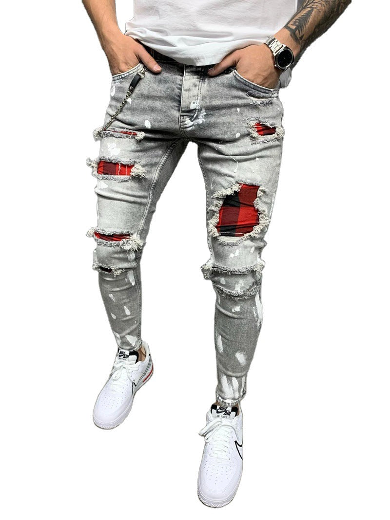 Ripped Patch Fashion Slim-fit Point Paint Stretch Small Feet Men's Jeans