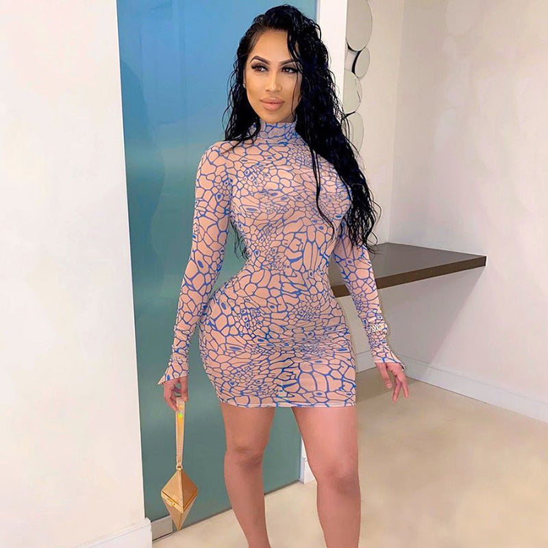 Simenual Digital Print Mesh Hot Bodycon Dress Women Long Sleeve Finger Buckle Partywear Transparent Club Sexy Hot Mini Dresses