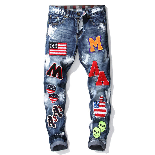 Autumn And Winter New Small Straight Embroidered Flag Badge Paint Men'S Slim Non-Stretch Jeans Trend Men'S Trousers