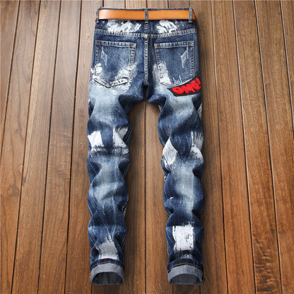 Autumn And Winter New Small Straight Embroidered Flag Badge Paint Men'S Slim Non-Stretch Jeans Trend Men'S Trousers