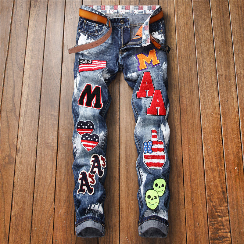 Autumn And Winter New Small Straight Embroidered Flag Badge Paint Men'S Slim Non-Stretch Jeans Trend Men'S Trousers