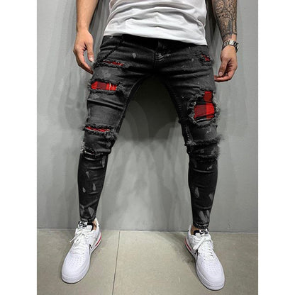 Ripped Patch Fashion Slim-fit Point Paint Stretch Small Feet Men's Jeans