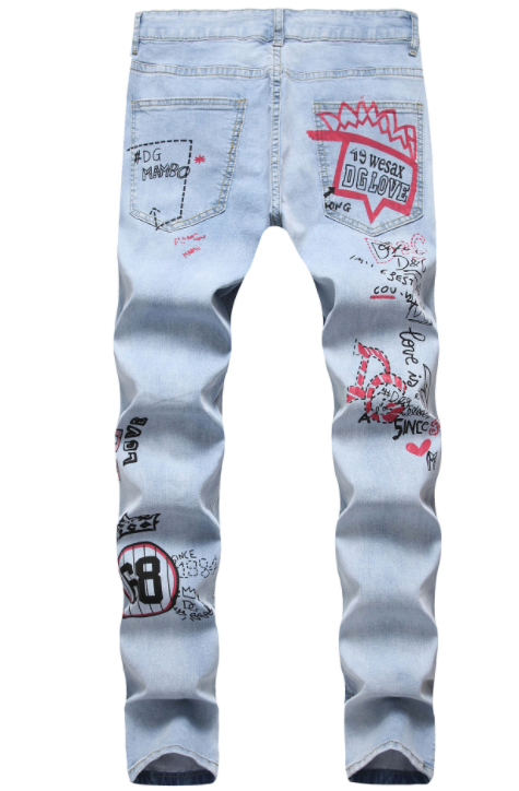 High Street Hip-Hop Ripped Print Stretch Jeans