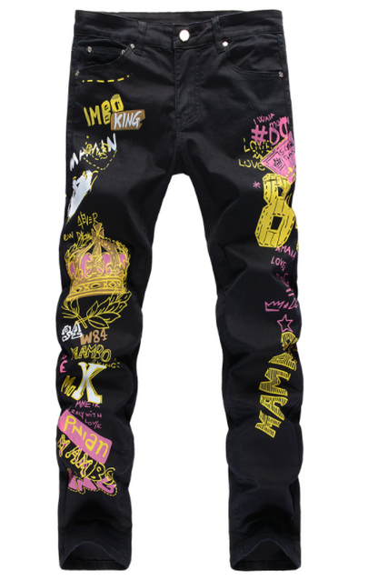 High Street Hip-Hop Ripped Print Stretch Jeans