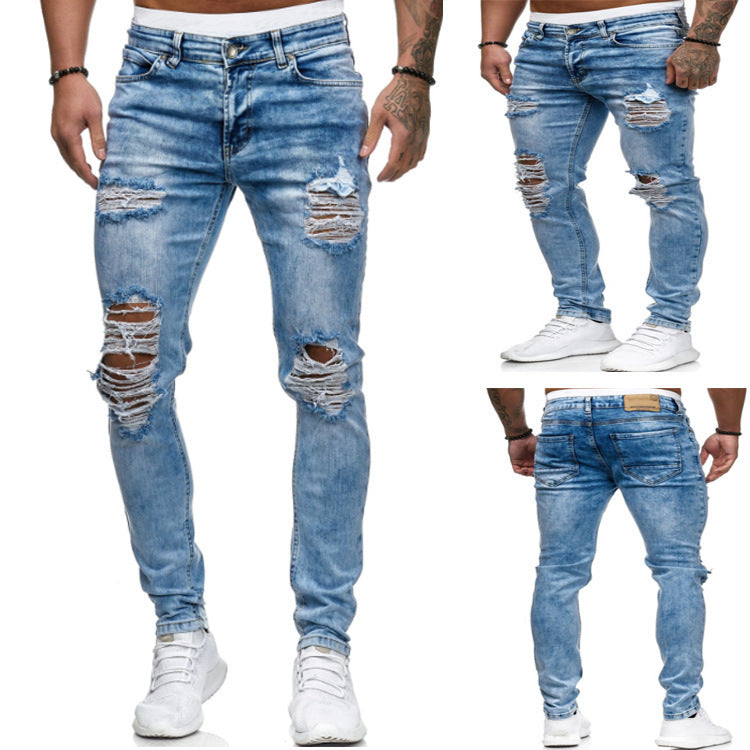 Cross-Border Foreign Trade Men'S Ripped Feet Jeans European And American Models Fried And Floated Stretch Men Trousers Amazon Wish