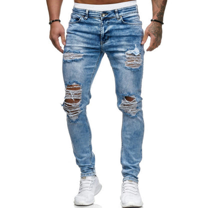 Cross-Border Foreign Trade Men'S Ripped Feet Jeans European And American Models Fried And Floated Stretch Men Trousers Amazon Wish