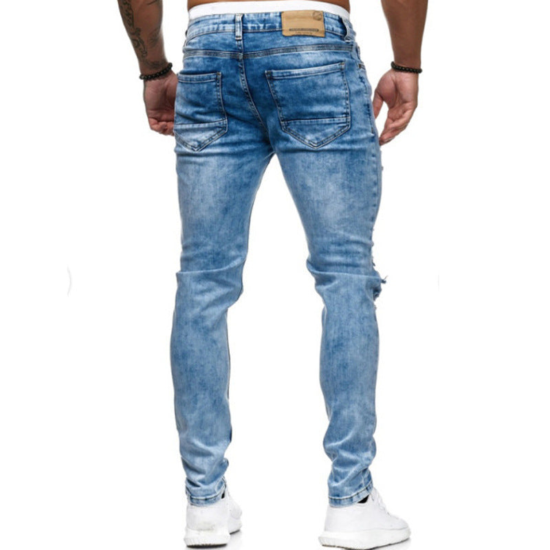 Cross-Border Foreign Trade Men'S Ripped Feet Jeans European And American Models Fried And Floated Stretch Men Trousers Amazon Wish