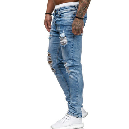 Cross-Border Foreign Trade Men'S Ripped Feet Jeans European And American Models Fried And Floated Stretch Men Trousers Amazon Wish