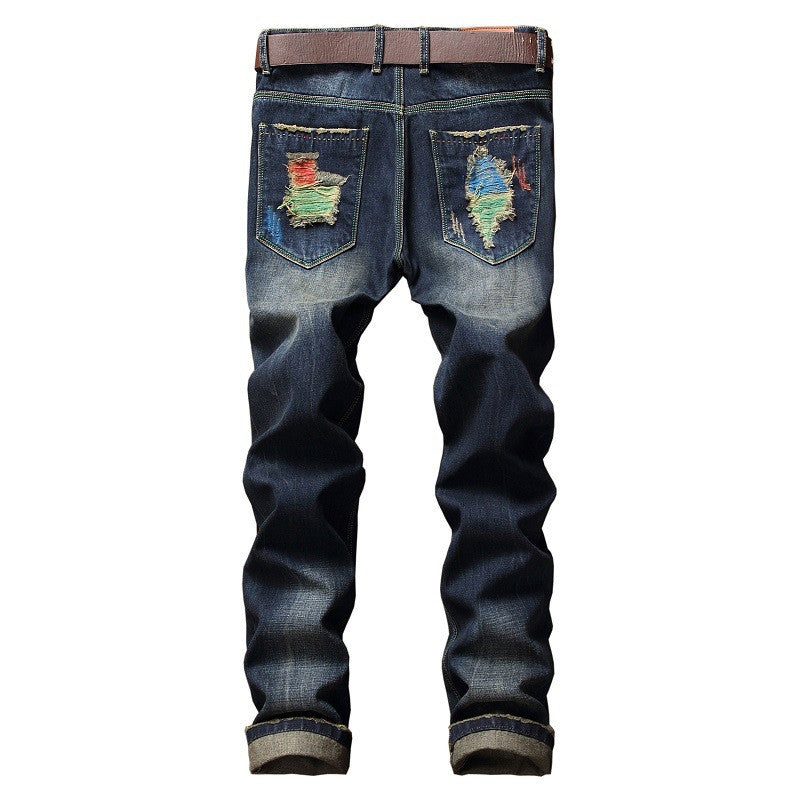 Personalized Brushed Jeans Men's Ripped Straight-leg Jeans