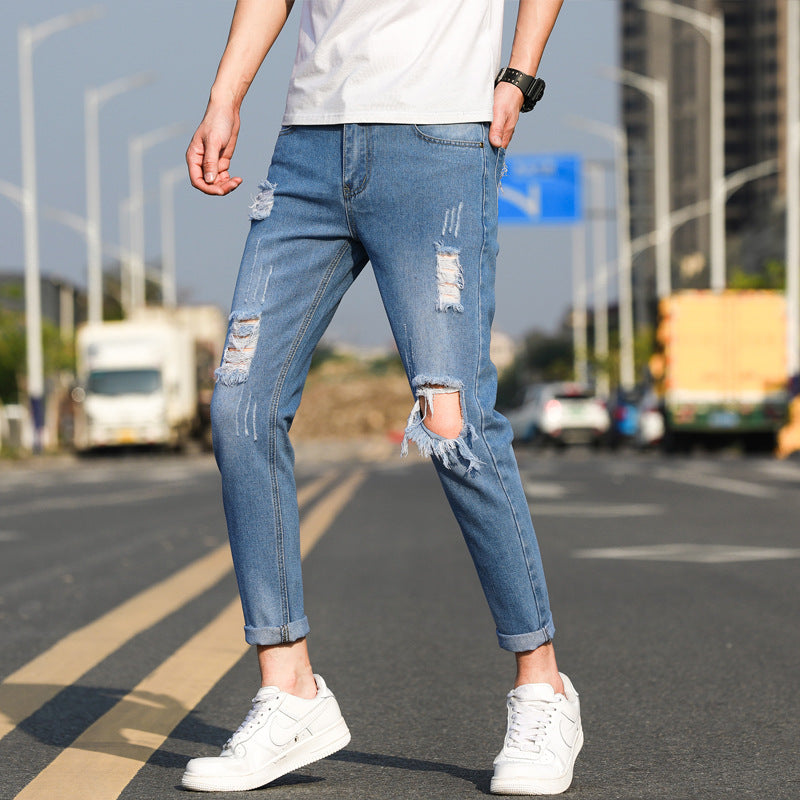 Spring and Summer Men's Ripped Slim-fit Jeans