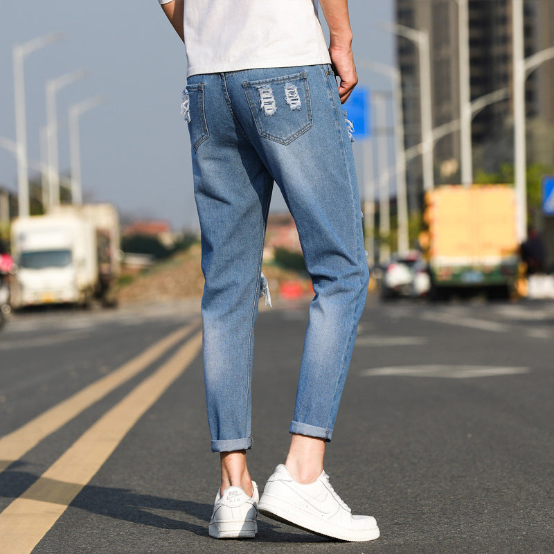 Spring and Summer Men's Ripped Slim-fit Jeans