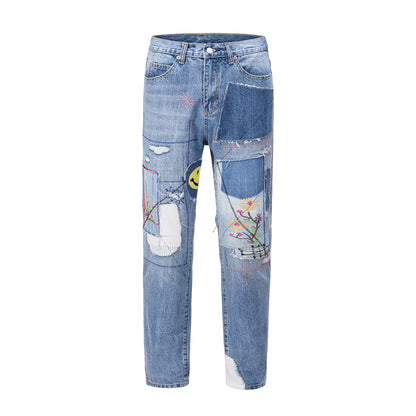 High Street Retro Distressed Floral Patch Dismantling Smiley Embroidered Straight-Leg Jeans