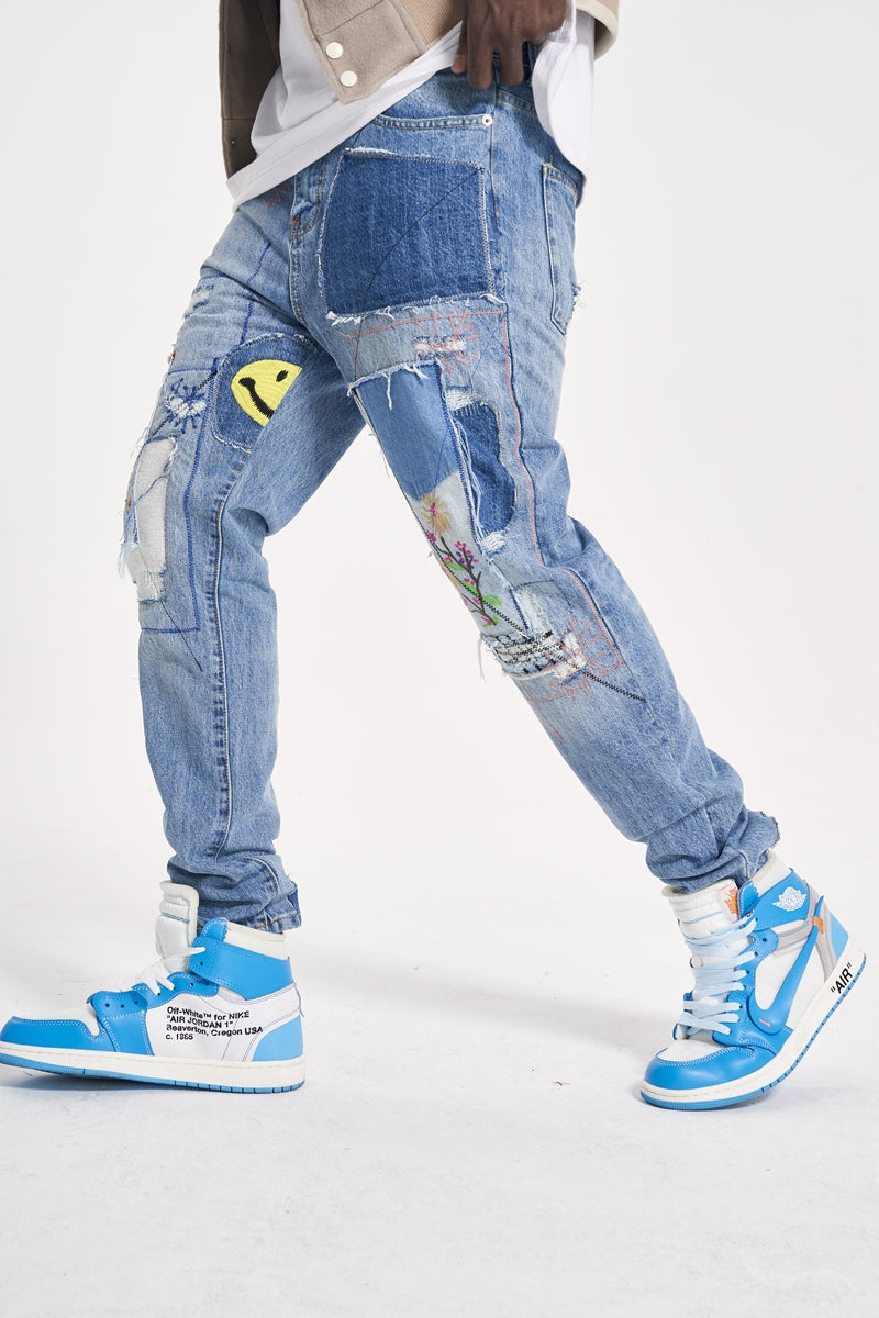 High Street Retro Distressed Floral Patch Dismantling Smiley Embroidered Straight-Leg Jeans