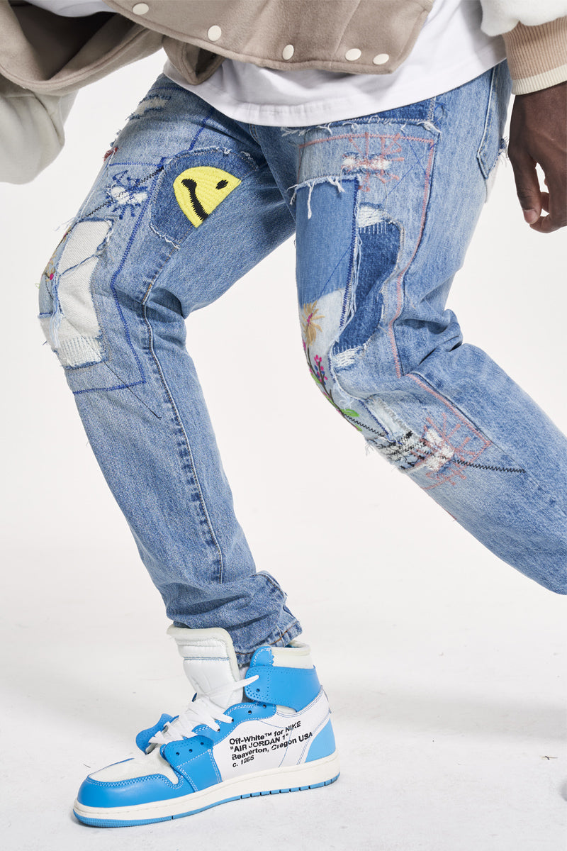 High Street Retro Distressed Floral Patch Dismantling Smiley Embroidered Straight-Leg Jeans