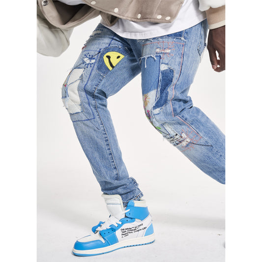 High Street Retro Distressed Floral Patch Dismantling Smiley Embroidered Straight-Leg Jeans