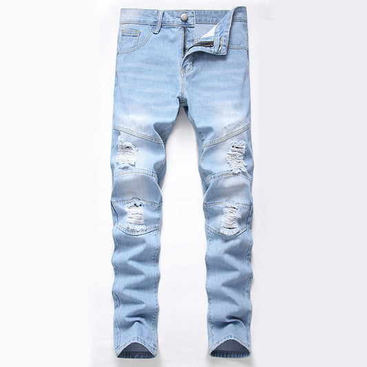 Ripped Jeans Men'S Straight Plus Size Denim Trousers Light Blue