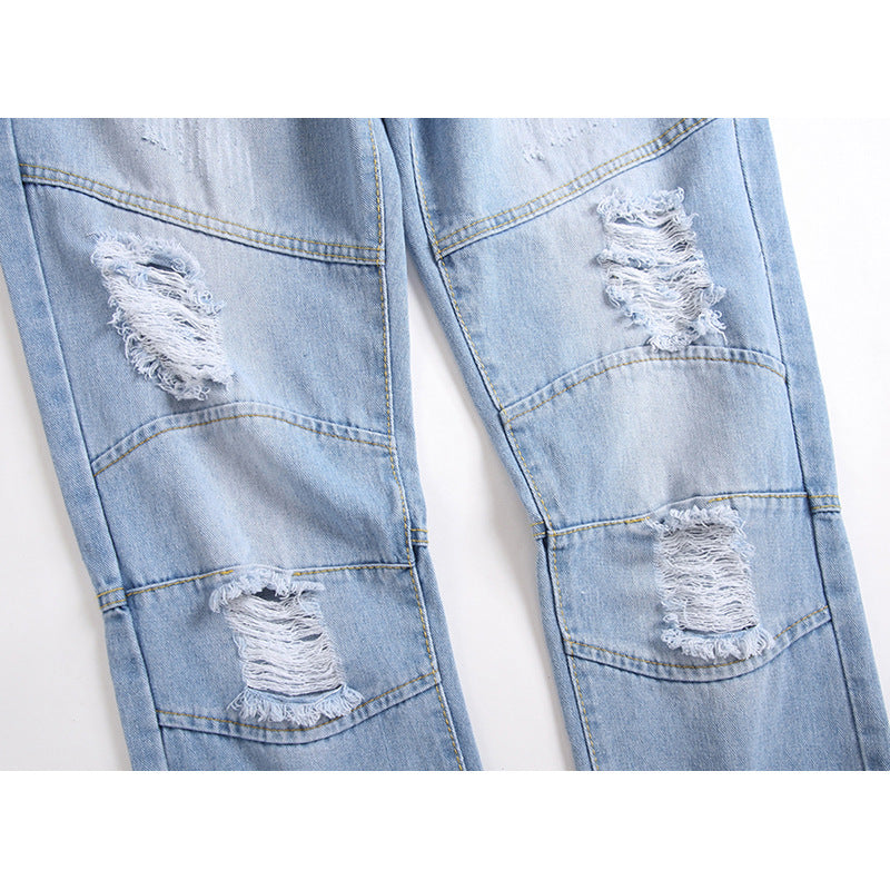 Ripped Jeans Men'S Straight Plus Size Denim Trousers Light Blue