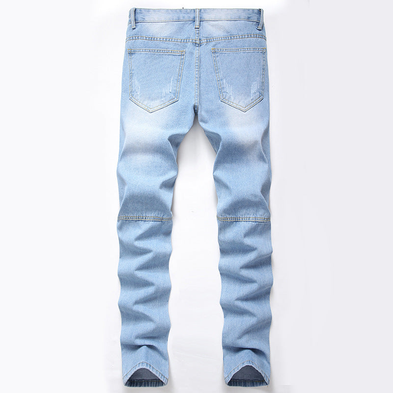 Ripped Jeans Men'S Straight Plus Size Denim Trousers Light Blue