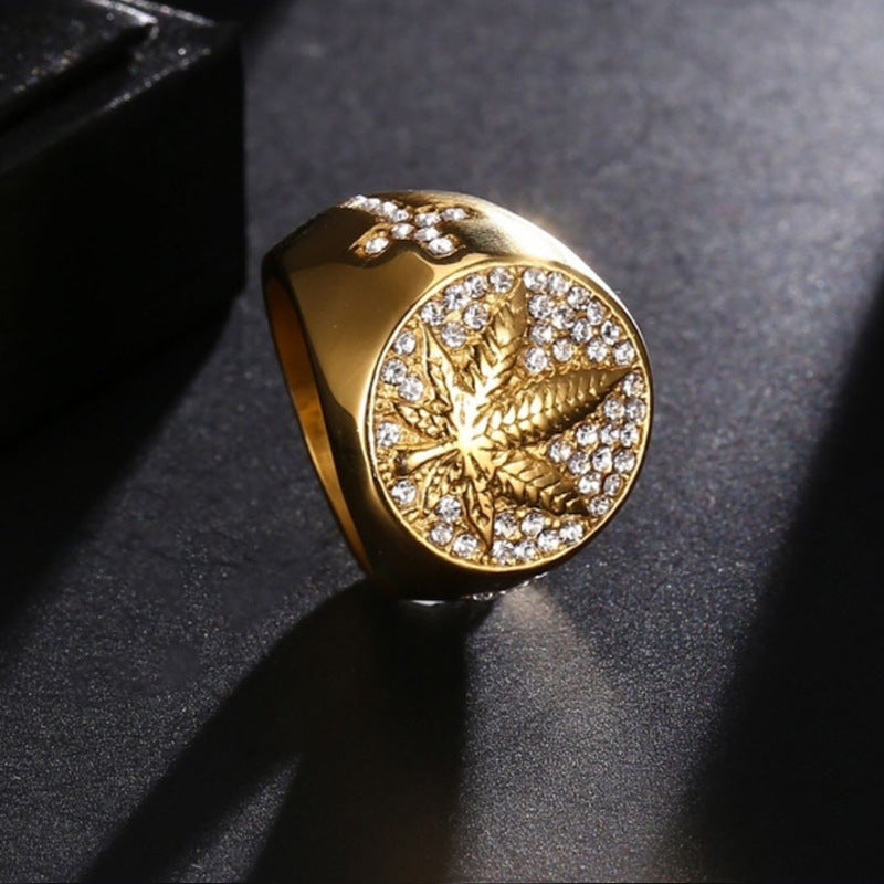 Canada Golden Maple Leaf Hemp Leaf Cross Micro-Inlaid Zircon Ring European And American Hip-Hop Male Ring