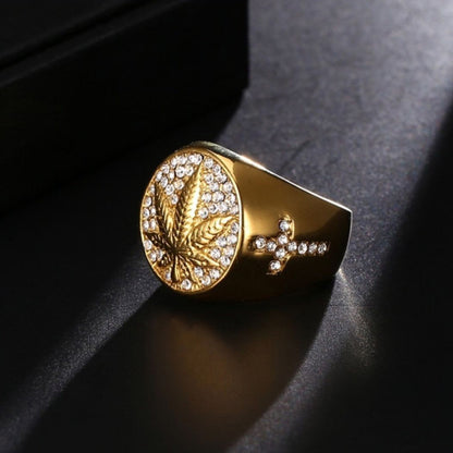 Canada Golden Maple Leaf Hemp Leaf Cross Micro-Inlaid Zircon Ring European And American Hip-Hop Male Ring