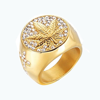 Canada Golden Maple Leaf Hemp Leaf Cross Micro-Inlaid Zircon Ring European And American Hip-Hop Male Ring