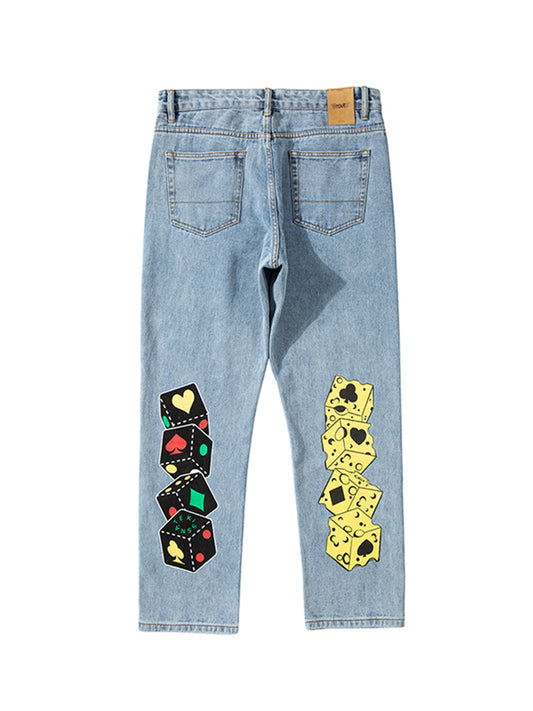 Dice Cheese Print Loose Wide-Leg Jeans