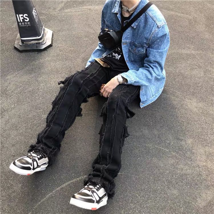 Seventy-Seventh Team Hip-Hop Fringed Fringe Washed Destruction Jeans Male Vibe Long Pants Tide Paradoxe