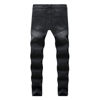 Jeans Slim Fit Small Straight Knee Hole Stretch Men's Trousers