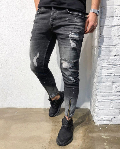 European And American New Fashion Ripped Youth Jeans With Zipper Elastic Feet