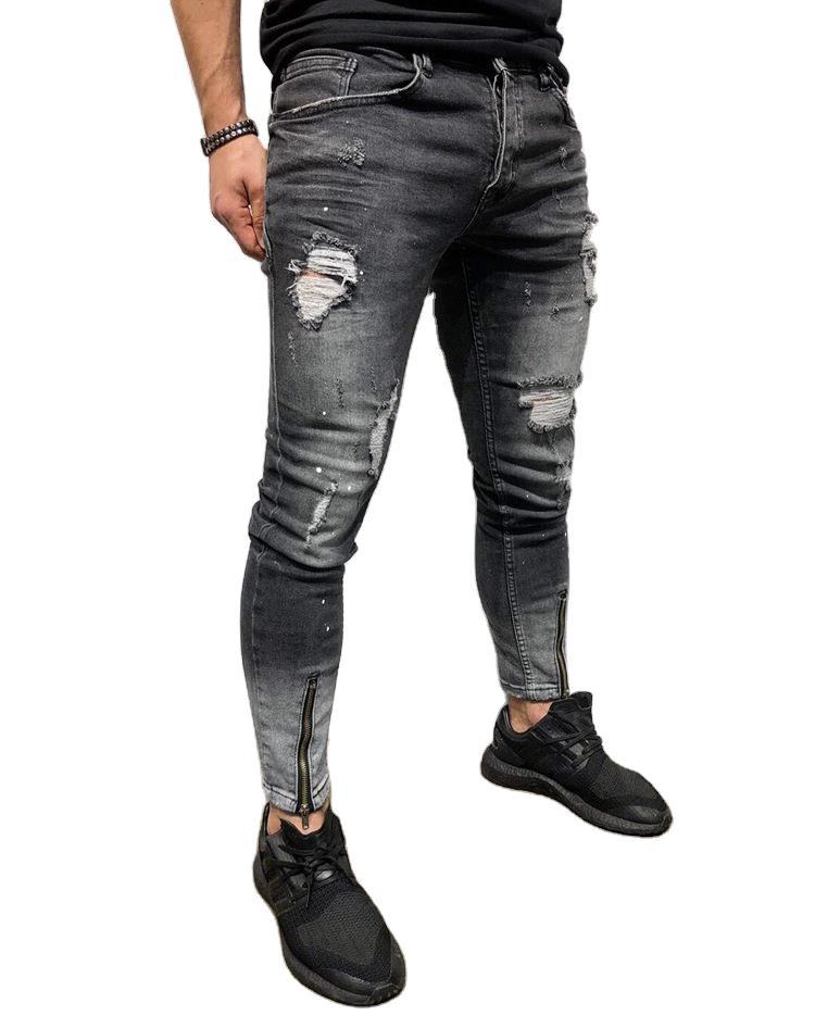 European And American New Fashion Ripped Youth Jeans With Zipper Elastic Feet