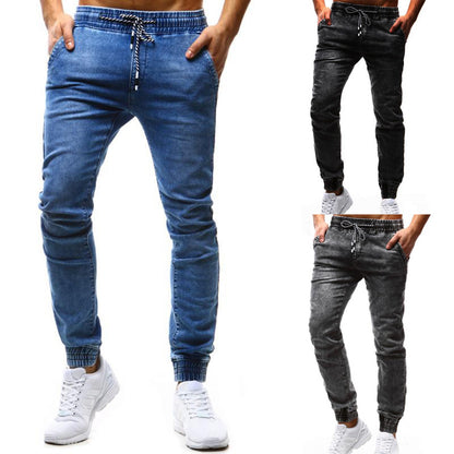 Tethered Elastic Men's Casual Little Feet Jeans Solid Color Retro Slim Stretch Men's Jeans