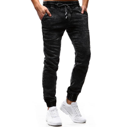 Tethered Elastic Men's Casual Little Feet Jeans Solid Color Retro Slim Stretch Men's Jeans