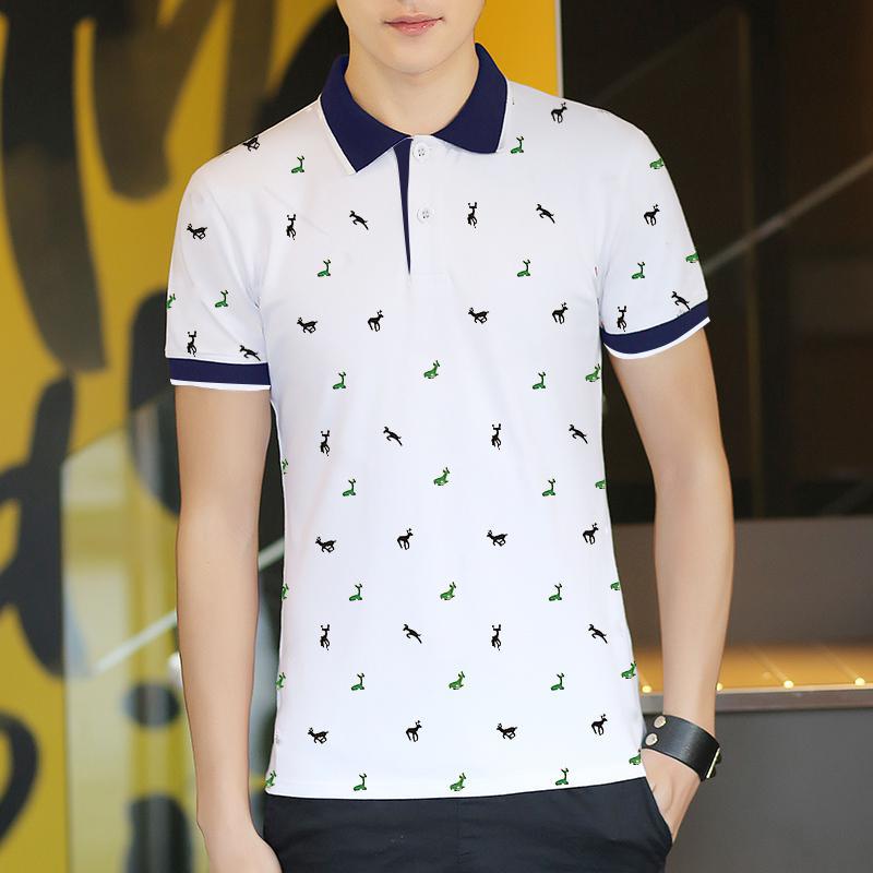 Short Sleeve T-shirt Men''s One Summer Men''s Thin Polo Shirt Fawn Print Lapel T-Shirt Large