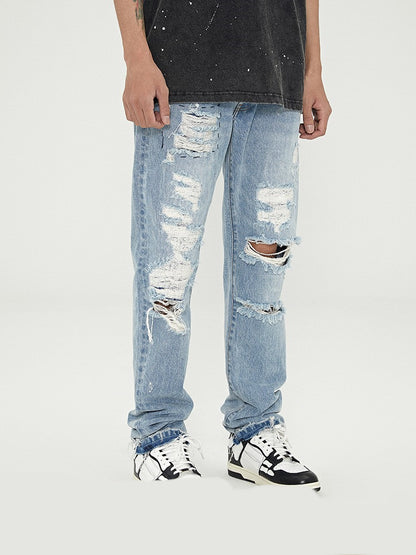 Distressed Washed Retro Light-colored Jeans With Ripped Raw Edges